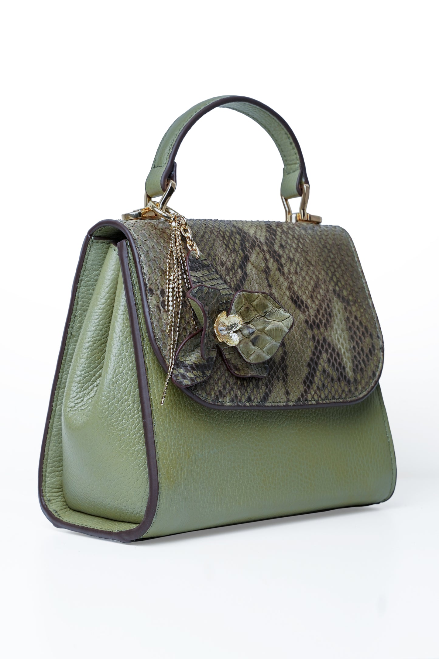 Green orchid handbag made of python and ostrich leather with butterfly charm.