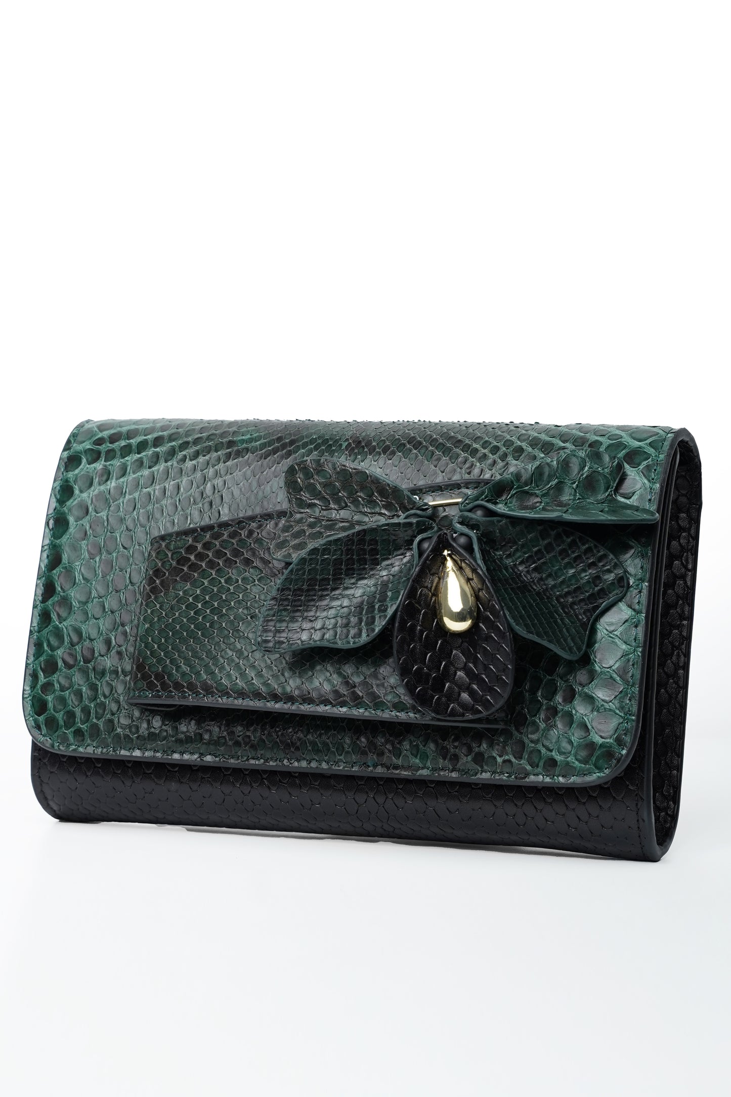 Black python leather butterfly bag with calfskin, luxury handmade clutch