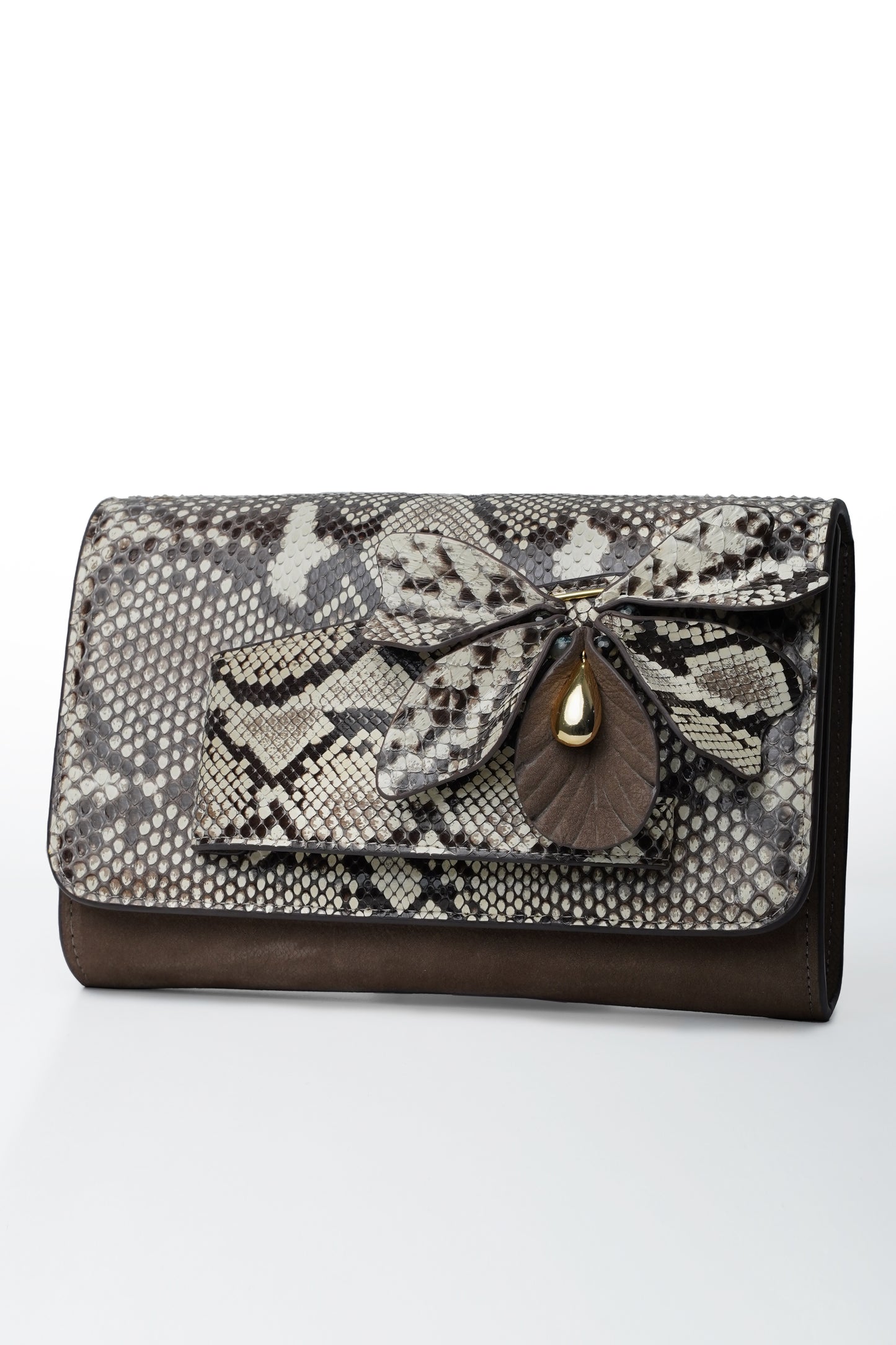 Black python leather butterfly bag with calfskin, luxury handmade clutch