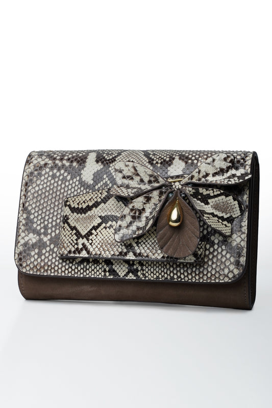 Black python leather butterfly bag with calfskin, luxury handmade clutch