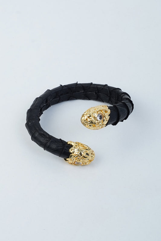 Hierapolis black leather bracelet with handmade gold brass hook and python skin texture