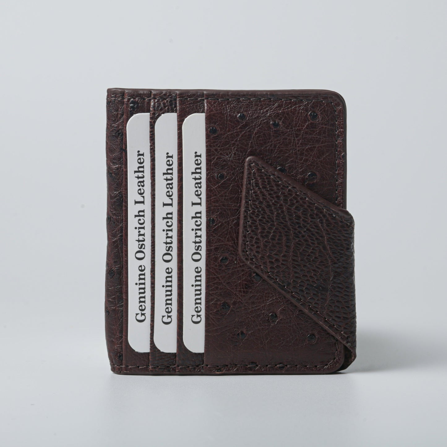 Brown ostrich leather wallet unisex card holder with magnetic closure