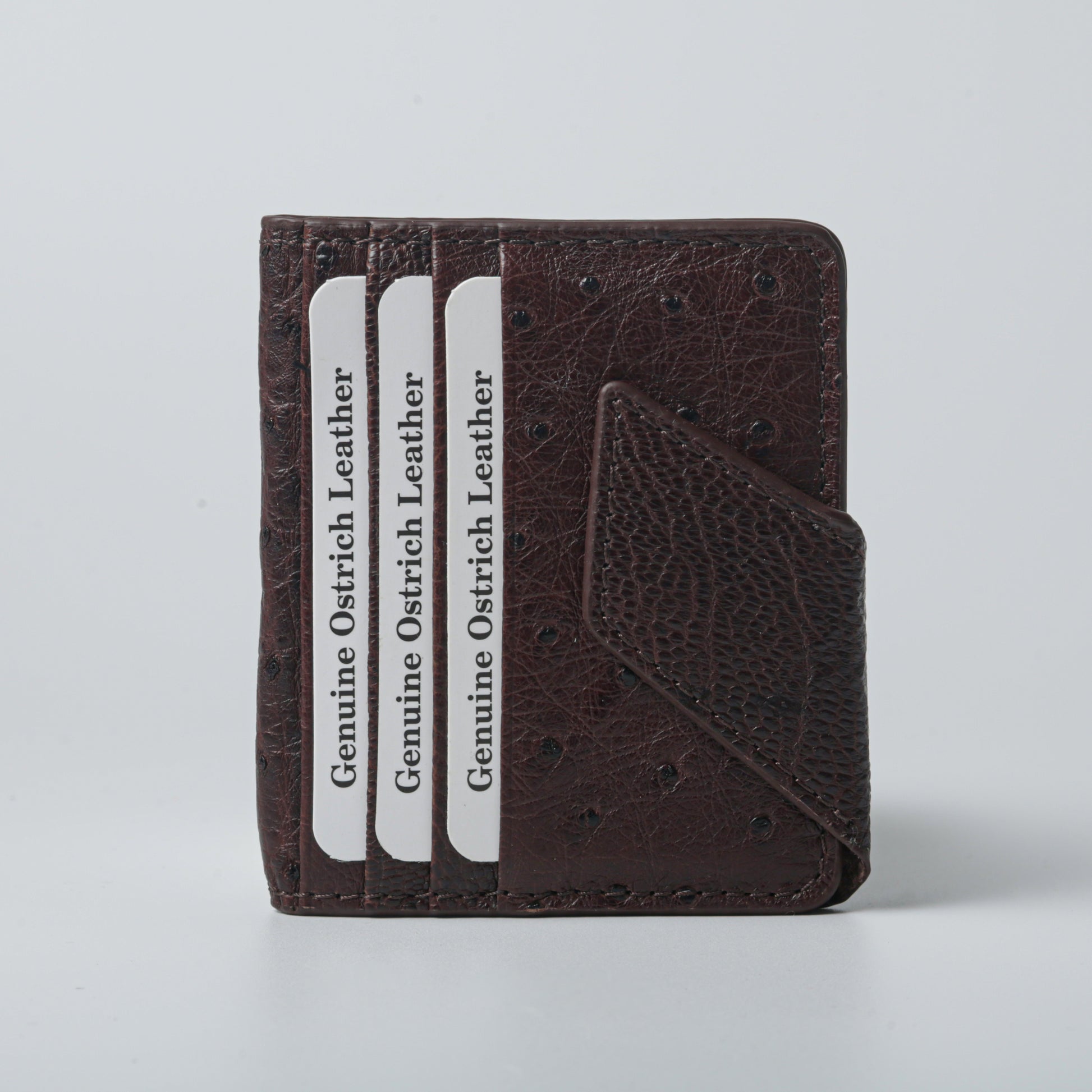 Brown ostrich leather wallet unisex card holder with magnetic closure