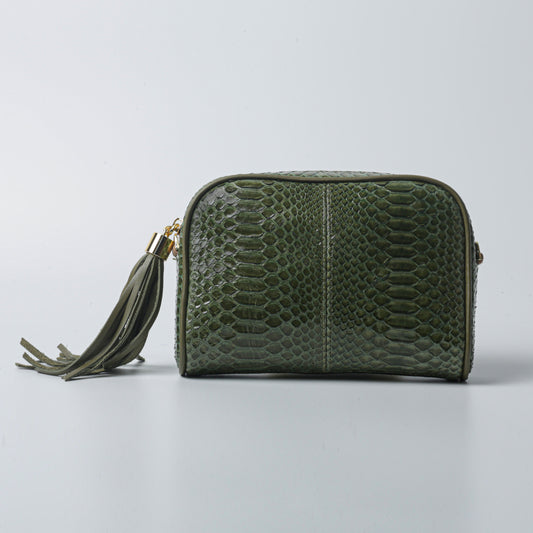 Green python leather Kwass Bag with tassel and gold chain strap