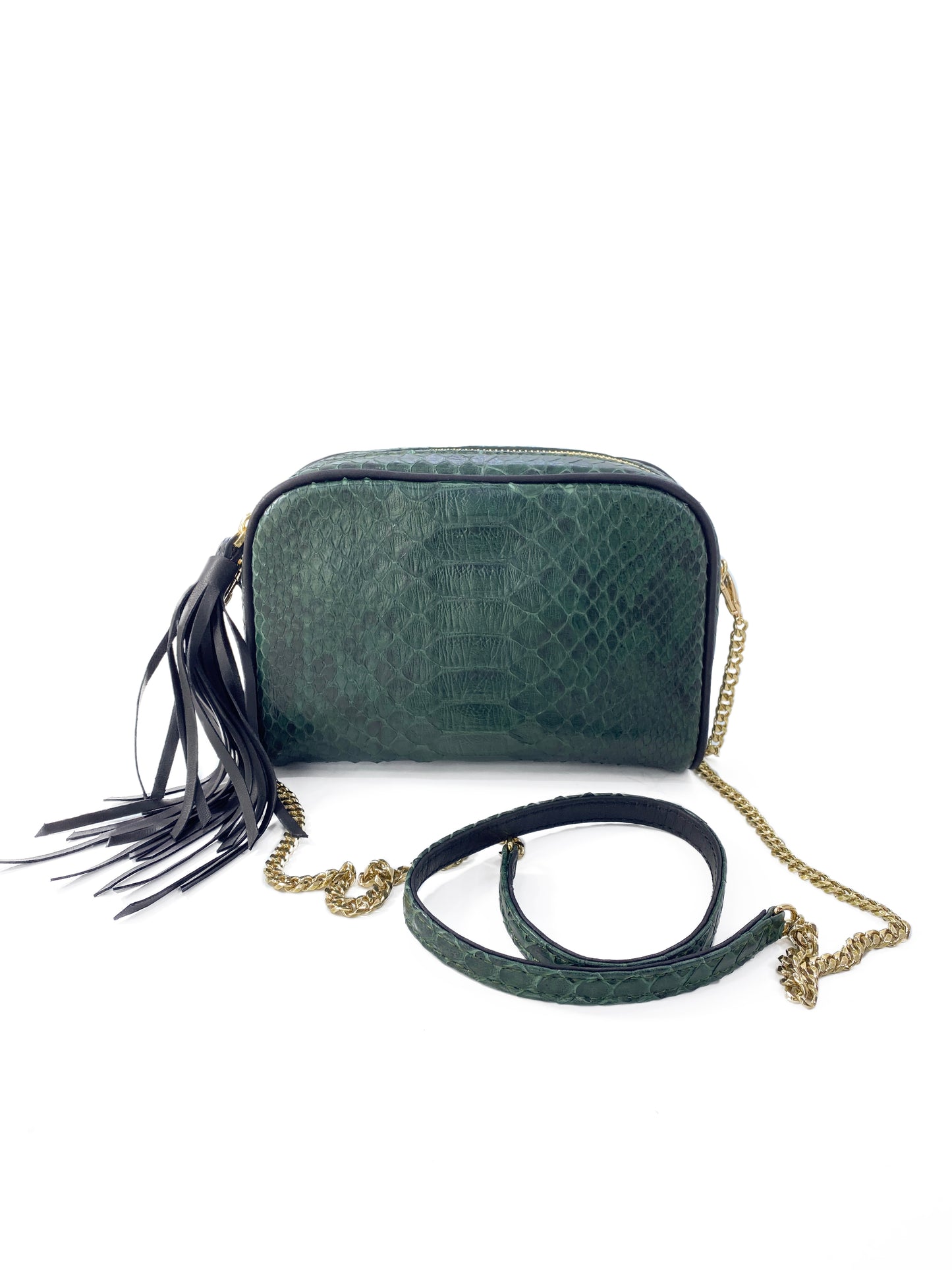 Green python leather handbag with tassel and gold chain strap