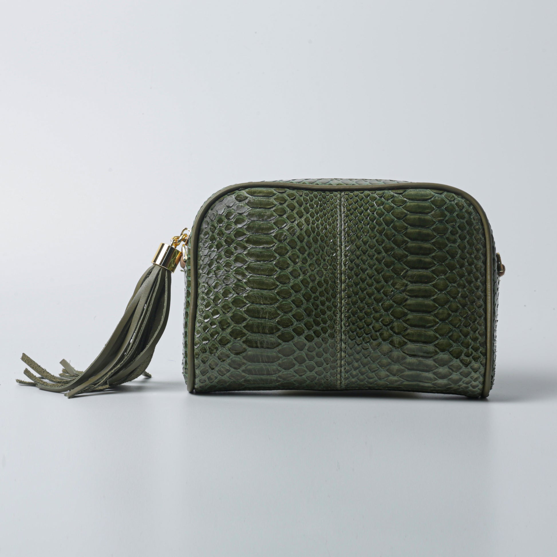 Green python leather Kwass Bag with tassel and gold chain strap
